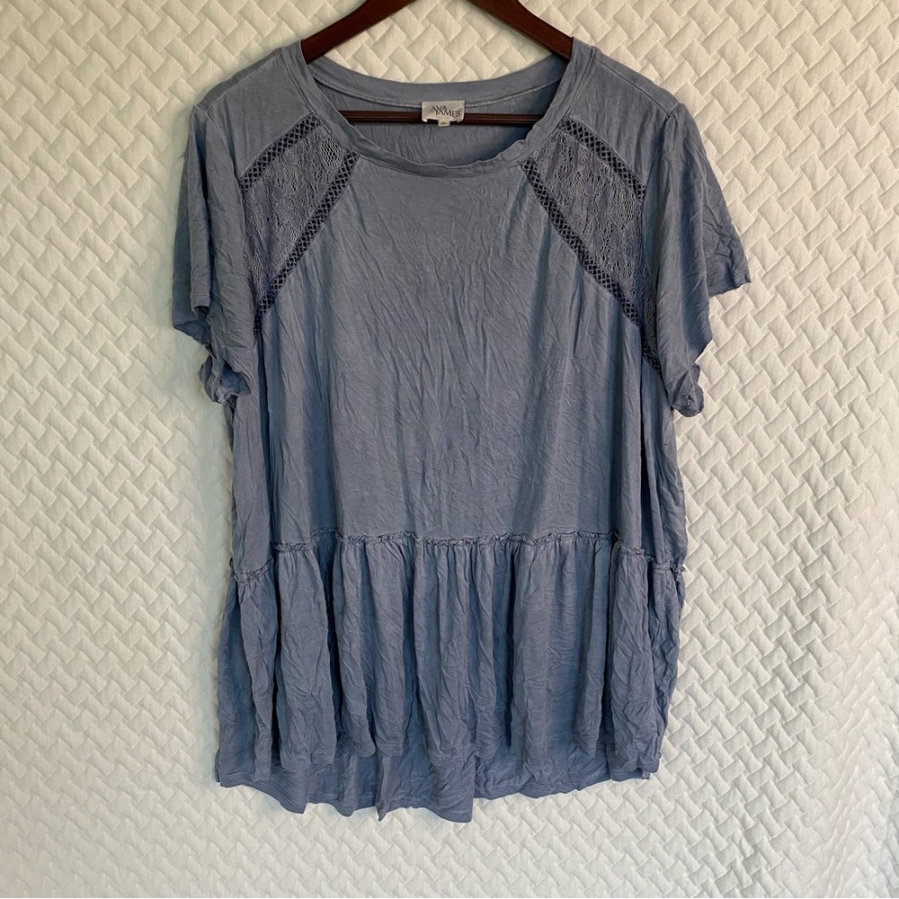 AVA James Gray Blue Short Sleeve Tee Shirt Lace Detail Top Woman's Size 3X